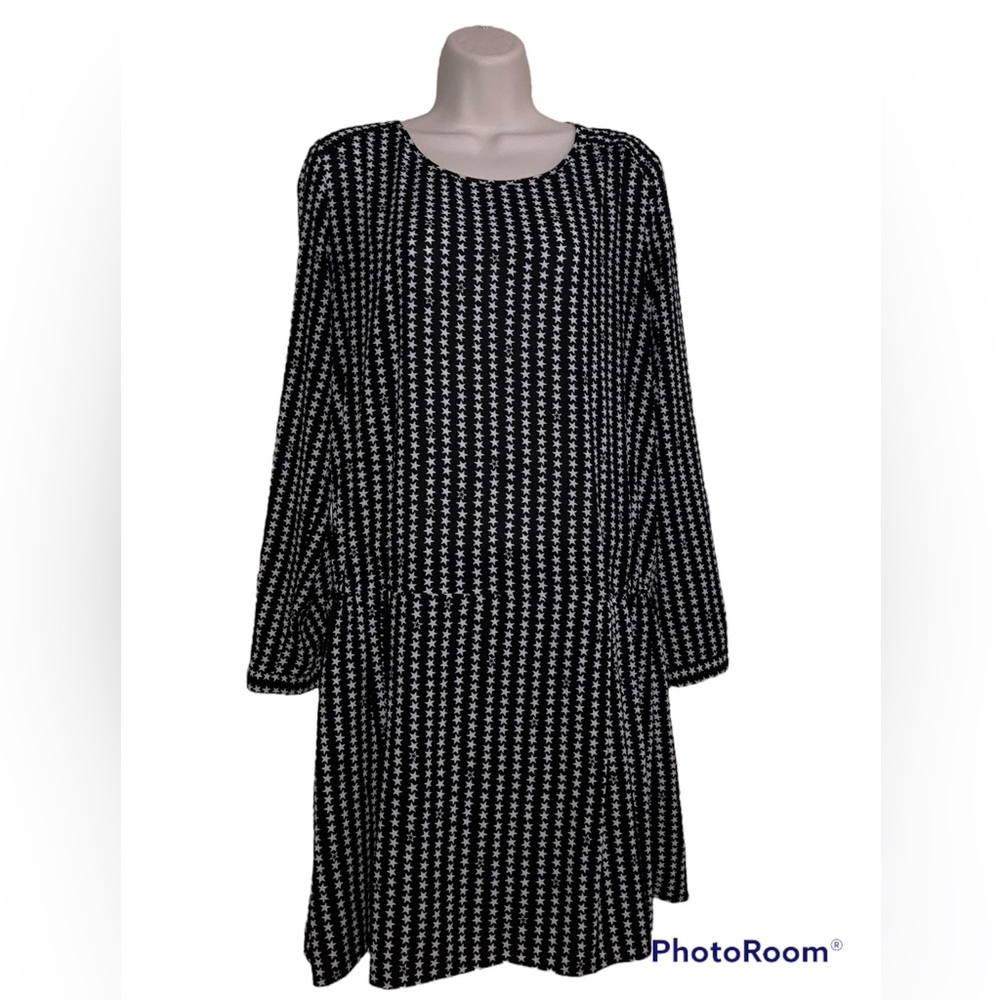 🛍️H&M Semi-Sheer Drop Waist Long Sleeve Black White Stars Dress size 14